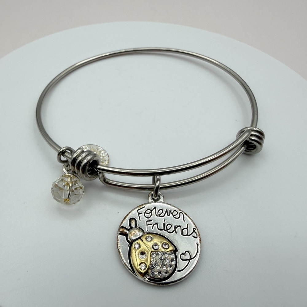 Vintage 90s Love This Life Silver Tone Forever Friends Ladybug Bangle Bracelet